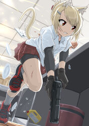 1girl animal_ear_fluff animal_ears arai_kogane bike_shorts black_gloves black_shoes black_shorts blonde_hair blood cat_ears cat_girl cat_tail clenched_teeth collared_shirt commentary_request cuts dress_shirt folded_ponytail gloves grey_socks gun hair_ornament hairclip handgun highres holding holding_gun holding_weapon indoors injury layered_sleeves long_sleeves looking_to_the_side multicolored_shoes original plaid_clothes plaid_skirt pleated_skirt red_eyes red_shoes red_skirt running shirt shoes short_over_long_sleeves short_sleeves shorts shorts_under_skirt skirt socks solo tail teeth two-tone_shoes weapon weapon_request white_shirt