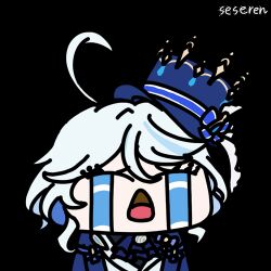 1girl ahoge animated animated_gif blue_hair blue_hat chinese_commentary closed_eyes commentary_request crying crying_emoji emoji furina_(genshin_impact) genshin_impact hat lowres open_mouth seseren sideways_hat simple_background solo top_hat transparent_background