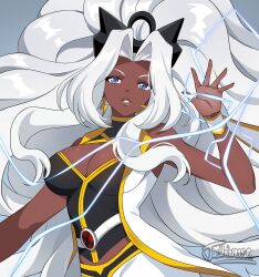 1girl animification blue_eyes breasts cape cleavage dark-skinned_female dark_skin earrings highres jacinth_peters jewelry large_breasts long_hair marvel marvel_tokon:_fighting_souls smile solo storm_(x-men) superhero_costume x-men
