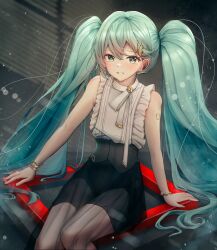 1girl :d absurdres aqua_eyes aqua_hair arm_tattoo arms_at_sides bare_arms bare_shoulders black_skirt bracelet deog3 earphones frilled_shirt frills gold_bracelet grin hair_between_eyes hair_ornament hairclip hatsune_miku hatsune_miku_(nt) high-waist_skirt highres jewelry light_blush long_hair looking_at_viewer number_tattoo open_mouth scarf see-through_clothes see-through_skirt shirt sitting skirt sleeveless sleeveless_shirt smile solo tattoo twintails very_long_hair vocaloid white_shirt window_blinds
