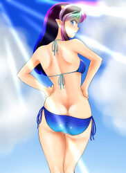 1girl absurdres ass bikini black_hair blue_bikini blue_eyes blue_sky breasts butt_crack cloud cone_horns from_behind hashtag-only_commentary highres horns looking_back lum medium_breasts multicolored_hair nanao_futaba pointy_ears side-tie_bikini_bottom sky solo swimsuit thigh_gap urusei_yatsura