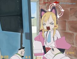 2girls animal_ear_headphones animal_ears blue_archive blue_necktie cat_ear_headphones counter-strike_(series) crying crying_with_eyes_open door door_stuck_(meme) fake_animal_ears halo headphones highres holding holding_knife izaru_31 jacket knife low-tied_sidelocks meme midori_(blue_archive) momoi_(blue_archive) multiple_girls necktie off_shoulder parody pov pov_hands shirt sidelocks stuck tears white_jacket white_shirt