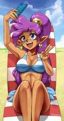1girl arm_up beach bikini blue_eyes breasts cellphone cleavage highres john_joseco large_breasts legs long_hair phone pointy_ears ponytail purple_hair selfie shantae shantae_(series) sitting smartphone smile swimsuit thighs v