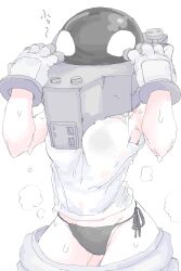 1girl absurdres black_panties boku_no_hero_academia breasts cowboy_shot gloves hands_up helmet highres medium_breasts mocamocaink panties removing_helmet shirt side-tie_panties simple_background sketch sleeveless sleeveless_shirt solo space_helmet standing steaming_body superhero_costume sweat thirteen_(boku_no_hero_academia) underwear undressing wet wet_clothes wet_shirt white_background white_gloves white_shirt