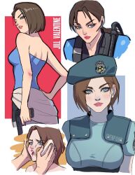 1girl beret blue_eyes blue_hat blue_shirt blue_tube_top bread bread_slice brown_hair character_name food gun hat highres holding holding_gun holding_weapon idiot_sandwich_(meme) jill_valentine meme multiple_views oyenpaws resident_evil resident_evil:_revelations resident_evil_1 resident_evil_3:_nemesis resident_evil_3_(remake) shirt short_hair shoulder_pads strapless tube_top weapon