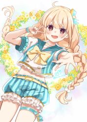 1girl :d belt belt_buckle blonde_hair blue_sailor_collar blue_shorts bow braid brown_belt brown_eyes buckle commentary_request crop_top frilled_shirt frilled_shorts frills futaba_anzu hair_between_eyes hand_up highres idolmaster idolmaster_cinderella_girls idolmaster_cinderella_girls_starlight_stage long_hair looking_at_viewer low_twintails midriff navel open_mouth outstretched_arm puffy_short_sleeves puffy_sleeves rino_cnc sailor_collar shirt short_sleeves shorts smile solo striped_clothes striped_shirt striped_shorts twin_braids twintails v v-shaped_eyebrows vertical-striped_clothes vertical-striped_shirt vertical-striped_shorts very_long_hair white_shirt wrist_cuffs yellow_bow