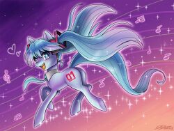 animal animal_focus animalization aqua_eyes aqua_hair aqua_necktie clothed_animal commentary cutie_mark english_commentary full_body hatsune_miku hatsune_miku_(pony) headset hooves john_joseco kotobukiya_bishoujo long_hair looking_at_viewer musical_note my_little_pony my_little_pony:_friendship_is_magic necktie no_humans open_mouth pony_(animal) smile sparkle tail treble_clef very_long_hair vocaloid