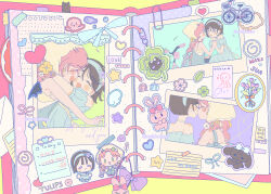 2girls alien_stage bandana bicycle bicycle_basket black_hair blue_dress blue_hairband blue_overalls braid character_name chibi chinese_commentary choker closed_eyes coldmeow commentary_request dress flower gingham_dress gingham_hairband green_eyes hair_flower hair_ornament hair_ribbon hairband heart highres holding_hands hug korean_text long_dress long_hair mizi_(alien_stage) multiple_girls off-shoulder_dress off_shoulder open_mouth overalls photo_(object) pink_choker pink_flower pink_hair pink_tulip purple_background purple_eyes ribbon scrapbook short_hair signature sitting smile sticker sua_(alien_stage) translation_request tulip twin_braids white_choker white_flower yellow_bandana yellow_flower yellow_tulip yuri