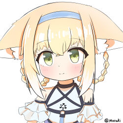 1girl absurdres arknights bare_shoulders blonde_hair blue_hairband braid closed_mouth frills green_eyes hairband highres light_blush material_growth moraki0718_(aoxiaoku) multicolored_hair oripathy_lesion_(arknights) short_hair simple_background smile solo streaked_hair suzuran_(arknights) white_background white_hair
