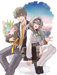 1boy 1girl absurdres alternate_costume bag black_hairband black_jacket black_shoes blazer blue_eyes bouquet bow bowtie brown_bag buttons caelus_(honkai:_star_rail) collared_shirt commentary double-breasted firefly_(honkai:_star_rail) firefly_(spring_missive)_(honkai:_star_rail) flower gradient_hair green_bow green_bowtie green_hair grey_hair grey_pants grey_sailor_collar grey_skirt grin hairband hashtag-only_commentary highres holding holding_bouquet honkai:_star_rail honkai_(series) jacket loafers long_hair long_sleeves multicolored_eyes multicolored_hair necktie nongxy_nonshi official_alternate_costume open_clothes open_jacket open_mouth pants plaid_bow plaid_bowtie plaid_clothes plaid_pants plaid_skirt pleated_skirt purple_hair sailor_collar school_bag school_uniform shirt shoes skirt smile thighhighs trailblazer_(honkai:_star_rail) two-tone_eyes two-tone_hair white_shirt white_thighhighs yellow_eyes yellow_necktie