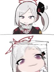 1girl :3 beaker blue_archive chibi closed_mouth hair_ornament halo highres long_hair looking_at_viewer meme mutsuki_(blue_archive) mutsuki_face_(blue_archive) nakineiriko_(dafdafson) side_ponytail simple_background smile water white_background white_hair
