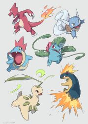 bayleef charmeleon claws creatures_(company) croconaw fangs fire flame-tipped_tail game_freak gen_1_pokemon gen_2_pokemon ivysaur leaf looking_up nintendo no_humans ohhhhhhtsu open_mouth plant pokemon pokemon_(creature) quilava tongue vines wartortle