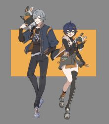 Rule 34 | 1boy, 1girl, :d, absurdres, bangboo (zenless zone zero), belle (zenless zone zero), black pants, black shirt, blue hair, blue jacket, eous (zenless zone zero), full body, grey background, grey hair, grin, hair ornament, hairclip, highres, jacket, looking at viewer, open mouth, pants, papajay (jennygin2), shirt, short hair, smile, teeth, wise (zenless zone zero), zenless zone zero