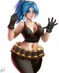 1girl blue_eyes blue_hair breasts curvy earrings female_focus gloves huge_breasts jewelry large_breasts leona_heidern long_hair looking_at_viewer military onishinx pale_skin pants ponytail shirt stanbl7 standing tank_top the_king_of_fighters thick_thighs thighs wide_hips