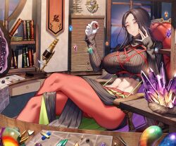 1girl black_hair black_shirt book bookshelf breasts character_request closed_mouth cluseller copyright_request cropped_shirt crossed_legs crystal gem gloves highres holding holding_gem large_breasts long_sleeves microscope mole mole_under_mouth navel pantyhose pink_eyes red_pantyhose ribbed_shirt shirt single_glove sitting smile solo stomach toned tweezers white_gloves window
