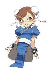 Rule 34 | 1girl, aged down, black pantyhose, blue dress, bracelet, brown eyes, brown hair, bun cover, capcom, chun-li, cowboy shot, cropped legs, double bun, dress, female focus, groin, hair bun, highres, jewelry, looking at viewer, pantyhose, parted lips, pelvic curtain, puffy short sleeves, puffy sleeves, qtkat, short hair, short sleeves, simple background, smile, solo, spiked bracelet, spikes, street fighter, teeth, thighs, upper teeth only, white background