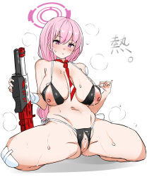 1girl bandaid bandaid_on_knee bandaid_on_leg bandaid_on_shoulder bikini blue_archive breasts dual-mode_shotgun eimi_(blue_archive) gun halo highres holding holding_gun holding_weapon kneeling large_breasts m_mance necktie pink_eyes pink_hair pink_halo pump-action_shotgun pump_action red_necktie semi-automatic_shotgun shotgun spas-12 steam steaming_body sweat sweatdrop swimsuit weapon zipper