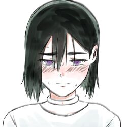 Rule 34 | 1girl, alien stage, black hair, blush, bob cut, choker, commentary, english commentary, highres, portrait, purple eyes, short hair, solo, sua (alien stage), sweat, tillbunclub, white choker
