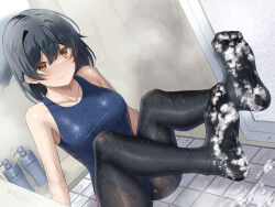 Rule 34 | 1girl, bare arms, bare shoulders, black hair, black pantyhose, blue one-piece swimsuit, breasts, closed mouth, collarbone, commentary request, gurande (g-size), hair between eyes, highres, medium breasts, one-piece swimsuit, orange eyes, original, pantyhose, pantyhose under swimsuit, school swimsuit, shampoo bottle, sitting, soap bubbles, soles, solo, swimsuit, takashina tsubame, tile floor, tiles, wavy mouth, wet, wet clothes