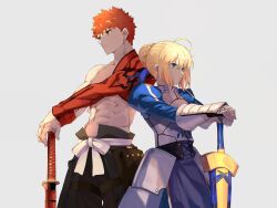 1boy 1girl abs ahoge armor armored_dress artoria_pendragon_(fate) back-to-back blonde_hair blue_dress blue_ribbon breastplate bun_with_braided_base closed_mouth commentary dress emiya_shirou english_commentary excalibur_(fate/stay_night) fate/grand_order fate_(series) faulds gauntlets green_eyes grey_background hair_between_eyes hair_ribbon highres holding holding_sword holding_weapon igote juliet_sleeves kamigokuin long_sleeves looking_ahead orange_eyes orange_hair puffy_sleeves ribbon saber_(fate) senji_muramasa_(fate) simple_background single_bare_shoulder sword toned toned_male weapon