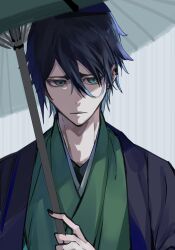 1boy alternate_costume black_hair black_nails bleach closed_mouth earrings expressionless green_eyes green_kimono hair_between_eyes haori highres hishui_prpr holding holding_umbrella japanese_clothes jewelry kimono male_focus parasol solo ulquiorra_cifer umbrella upper_body