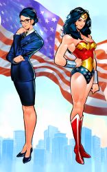 1girl amazon_warrior american_flag anchor_(symbol) bad_cghub_id bad_id bare_shoulders black_hair blue_eyes boots bracelet breasts dc_comics diana_prince dual_persona eagle_(symbol) flag hand_on_own_hip jewelry kim_intae lapel_pin leotard lips long_hair military military_uniform red_footwear shoes star_(symbol) star_print superhero_costume tiara wonder_woman wonder_woman_(series)