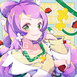 1girl bow-shaped_hair breasts collarbone earrings eyeliner flower_earrings green_eyes highres jewelry lab_coat long_hair long_sleeves makeup miriam_(pokemon) multicolored_hair nintendo off-shoulder_sweater off_shoulder pink_eyeliner pink_hair pokemon pokemon_sv purple_hair school_nurse solo stray0641071225 streaked_hair sweater swept_bangs yellow_sweater