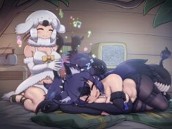 Rule 34 | :3, absurdres, animal ears, bare shoulders, bikini, black boots, black gloves, black hair, black pantyhose, black shirt, blush, bone necklace, boots, bow, bowtie, brown sandals, cerberus (kemono friends), closed eyes, cutoffs, dog ears, dog girl, dog tail, elbow gloves, fingerless gloves, fins, fur collar, fur trim, gladiator sandals, gloves, hair between eyes, harp, harp seal (kemono friends), head fins, highres, instrument, kemono friends, kemono friends 3, lizard tail, midriff, mo23, multicolored hair, music, musical note, navel, pantyhose, playing instrument, purple hair, sandals, seal girl, seal tail, seiza, shirt, short hair, short shorts, shorts, sidelocks, sitting, sleeping, sleeveless, spaghetti strap, strapless, swimsuit, tail, television, thigh strap, tube top, twintails, whiskers, white bikini, white fur, white gloves, white hair, yellow bow, yellow bowtie, zzz