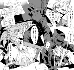 1girl 1other animal_ears arknights cat_ears cat_girl cat_tail commentary_request doctor_(arknights) gloves greyscale highres hood hood_up monochrome na_tarapisu153 rosmontis_(arknights) tail