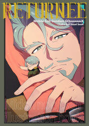 Rule 34 | 2boys, absurdres, beard, black-framed eyewear, boots, brown boots, challia bull, character name, choco (chocovix112), closed mouth, comiket 106, commentary request, copyright name, cover, cover page, facial hair, glasses, green jacket, green pants, grey eyes, grey hair, gundam, gundam gquuuuuux, hair between eyes, half-closed eyes, highres, jacket, knee boots, lying, mini person, miniboy, multiple boys, mustache, on side, pants, parted bangs, pillow, thick eyebrows, unworn eyewear