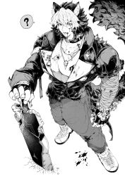 Rule 34 | 1boy, ?, absurdres, animal ears, blood, commentary, dog boy, dog ears, dog tail, earrings, fingerless gloves, from above, gloves, greyscale, highres, holding, holding sword, holding weapon, injury, jacket, jewelry, komano manato, looking at viewer, looking up, male focus, monochrome, necklace, planted, planted sword, planted weapon, shoulder spikes, speech bubble, spikes, spoken question mark, sword, symbol-only commentary, tail, weapon, yotsumi shiro, zenless zone zero