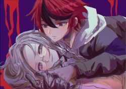 2boys absurdres aotsuki_eito black_gloves black_hair closed_mouth eye_contact glasses gloves grey_eyes grey_hair highres hood hood_down hoodie jacket kawati long_sleeves looking_at_another lying lying_on_person male_focus multicolored_hair multiple_boys parted_hair red_hair rimless_eyewear short_hair smile streaked_hair sumino_takumi the_hundred_line_-last_defense_academy- white_hoodie