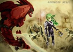 armor assault_rifle battle blue_eyes crossover damaged destruction dust energy_sword frog green_hair gun hair_ornament halo:_reach halo_(game) halo_(series) helmet kochiya_sanae long_hair power_suit rifle sangheili serious snake spark_(sandro) spartan spartan-b312 spartan_(halo) sword touhou weapon you_gonna_get_raped