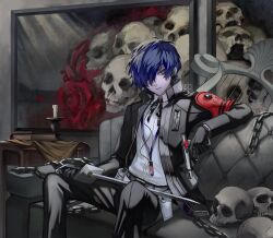 1boy black_gloves black_jacket black_pants black_ribbon blue_eyes blue_hair chain closed_mouth collared_shirt couch ecoplasma evoker feet_out_of_frame gekkoukan_high_school_uniform gloves gun hair_over_one_eye harp headphones highres holding holding_gun holding_sword holding_weapon instrument jacket long_sleeves male_focus neck_ribbon open_clothes open_jacket pants persona persona_3 persona_3_reload ribbon school_uniform serious shirt short_hair sitting skull solo sword weapon white_shirt yuuki_makoto_(persona_3)