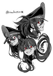 1other 2girls crest family_crest fate/grand_order fate_(series) fiery_hair goma1021 hair_between_eyes hat highres long_hair long_hair_between_eyes military_hat multiple_girls oda_kippoushi_(fate) oda_nobunaga_(fate) oda_nobunaga_(maou_avenger)_(fate) oda_uri peaked_cap red_eyes simple_background smirk white_background