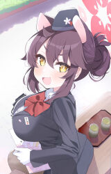 1girl :d absurdres bench black_hat blue_archive bow bowtie breasts brown_hair character_name cup extra_ears fang garrison_cap gloves green_tea hair_between_eyes halo hat highres holding kaede_(blue_archive) kaede_(guide)_(blue_archive) large_breasts long_sleeves looking_at_viewer name_tag official_alternate_costume open_mouth outdoors red_bow red_bowtie red_halo shiroron_mochi shirt short_hair sidelocks sitting skin_fang smile solo steam tea tour_guide translation_request walkie-talkie white_gloves white_shirt yellow_eyes yunomi