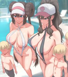 2girls 3boys age_difference bare_shoulders baseball_cap black_slingshot_swimsuit blue_eyes blush breasts brown_hair cleavage collarbone covered_erect_nipples donut_hair_bun double_bun ginhaha hair_bun hat high_ponytail highres hilda_(pokemon) large_breasts long_hair multiple_boys multiple_girls navel nintendo older_female_and_younger_male onee-shota pink_hat pokemon pokemon_bw pokemon_bw2 ponytail rosa_(pokemon) short_hair shota sidelocks slingshot_swimsuit smile swimsuit thighs twintails visor_cap white_hat white_slingshot_swimsuit