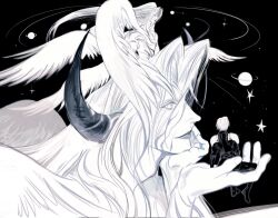 armor body_markings boots coat commentary facial_mark facing_away facing_to_the_side feathered_wings final_fantasy final_fantasy_vii final_fantasy_vii_ever_crisis final_fantasy_vii_remake greyscale hair_intakes hand_up hayashishisou head_on_hand highres horns long_bangs monochrome multiple_wings orbital_path pants parted_bangs pauldrons planet planetary_ring sephiroth sephiroth_(ever_crisis) sephiroth_reborn shoulder_armor star_(sky) symbol-only_commentary time_paradox wings