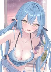 1girl absurdres ahoge bent_over blue_camisole blue_hair blurry blurry_background blush breasts camisole cleavage cowboy_shot elf highres hololive large_breasts looking_at_viewer low_twintails mayuuta1205 open_mouth panties pink_panties pointy_ears solo twintails underwear virtual_youtuber yellow_eyes yukihana_lamy