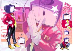 2boys adjusting_clothes adjusting_necktie ant_tenna blush clowns0up-felix commentary crt deltarune english_commentary flower flying_sweatdrops gloves hands_on_own_hips highres holding male_focus multiple_boys multiple_views necktie object_head outline pointy_nose shoes smile spamton_g._spamton sweat tailcoat tongue tongue_out tumblr_username white_gloves white_outline yellow_necktie yellow_shoes