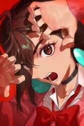 1girl ayase_momo black_choker bow bowtie brown_eyes brown_hair choker claw_pose collared_shirt dandadan earrings eyelashes floating_earrings hair_between_eyes hashtag-only_commentary highres jewelry kami_high_school_uniform long_sleeves looking_at_viewer loose_bowtie open_mouth pink_sweater red_background red_bow red_bowtie school_uniform shirt short_hair solo sweater thick_eyebrows upper_body white_shirt zonotaida