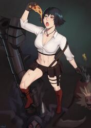 1girl abs absurdres bike_shorts boots brown_gloves commission crop_top demon devil_may_cry devil_may_cry_(series) devil_may_cry_3 food gloves green_eyes gun heterochromia highres holding holding_food holding_gun holding_pizza holding_weapon jewelry kalina_ann_(weapon) lady_(devil_may_cry) midriff navel necklace nidhoggn open_mouth pizza pizza_slice red_boots red_eyes rocket_launcher scar scar_on_face scar_on_leg scar_on_nose shirt simple_background thigh_strap weapon white_shirt