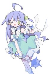 &gt;_o 1girl ahoge bare_shoulders blue_bow blue_hair blush_stickers bow bowtie breasts daizu_(melon-lemon) detached_sleeves dress foot_out_of_frame glove_bow gloves green_dress hair_ornament hand_up highres holding holding_weapon jaggy_lines kneehighs leg_up long_hair looking_at_viewer one_eye_closed open_mouth original puffy_short_sleeves puffy_sleeves short_sleeves sidelocks simple_background sleeveless sleeveless_dress small_breasts socks solo spike_ball standing standing_on_one_leg two_side_up v very_long_hair weapon white_background white_bow white_bowtie white_gloves yellow_eyes