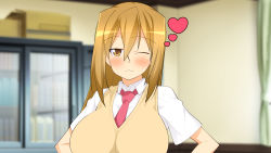 1girl :3 blonde_hair blurry blurry_background blush breasts closed_mouth female_focus hair_between_eyes hands_on_own_hips heart highres huge_breasts indoors long_hair looking_at_viewer makarou minami-ke minami_haruka necktie nose_blush one_eye_closed red_necktie school_uniform smile solo standing upper_body vest wink yellow_eyes