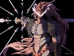 Rule 34 | 1boy, arm at side, armlet, armor, black background, breastplate, colored sclera, extra eyes, fur trim, highres, holding, holding weapon, jewelry, kapxapius, long hair, looking at viewer, male focus, no humans, original, po bidau dumas, polearm, red eyes, red hair, sharp teeth, solo, spear, teeth, tower of god, weapon, yellow sclera
