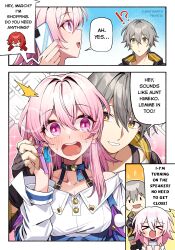 !? &gt;_&lt; 1boy 1girl :d absurdres black_jacket blush breasts caelus_(honkai:_star_rail) cellphone chibi chibi_inset choker commentary english_commentary english_text facebook_username fingerless_gloves gloves grabbing_from_behind grey_hair hair_between_eyes heta highres himeko_(honkai:_star_rail) holding holding_hands holding_phone honkai:_star_rail honkai_(series) jacket march_7th_(honkai:_star_rail) medium_hair multicolored_eyes open_clothes open_jacket open_mouth phone pink_eyes pink_hair pink_nails red_hair shirt short_hair sidelocks smartphone smile surprised talking_on_phone trailblazer_(honkai:_star_rail) twitter_username two-tone_eyes white_shirt yellow_eyes