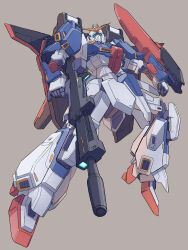 absurdres advance_of_zeta aeug aiming beam_rifle cable energy_gun grey_background gundam highres machinery mecha mecha_focus mecha_kaku_man mobile_suit no_humans redesign robot science_fiction shield v-fin vernier_thrusters weapon zeta_gundam zeta_gundam_(mobile_suit)