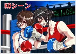 2girls boxing boxing_gloves boxing_ring catfight k.o. multiple_girls punching santos sports_bra sweat sweatdrop tagme
