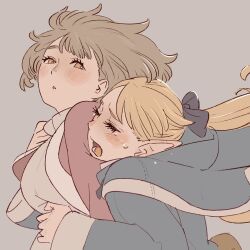 2girls 55bata6rou blonde_hair blue_capelet blue_robe blush brown_eyes brown_hair capelet closed_eyes crying dungeon_meshi elf falin_touden falin_touden_(tallman) floating_hair from_side grabbing_from_behind grey_background highres hood hood_down hug long_hair long_sleeves looking_at_another marcille_donato multiple_girls open_mouth pointy_ears robe scared short_hair simple_background tears upper_body