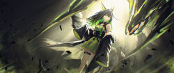 1girl absurdres animal_ears arknights bare_shoulders belt black_hair black_jacket colored_inner_hair creature_and_personification de4d_fish dress green_dress green_eyes green_hair highres jacket jacket_partially_removed long_hair mon3tr_(arknights) mon3tr_(summon)_(arknights) multicolored_hair open_clothes open_jacket personification sleeveless sleeveless_dress sleeves_past_wrists thigh_belt thigh_strap